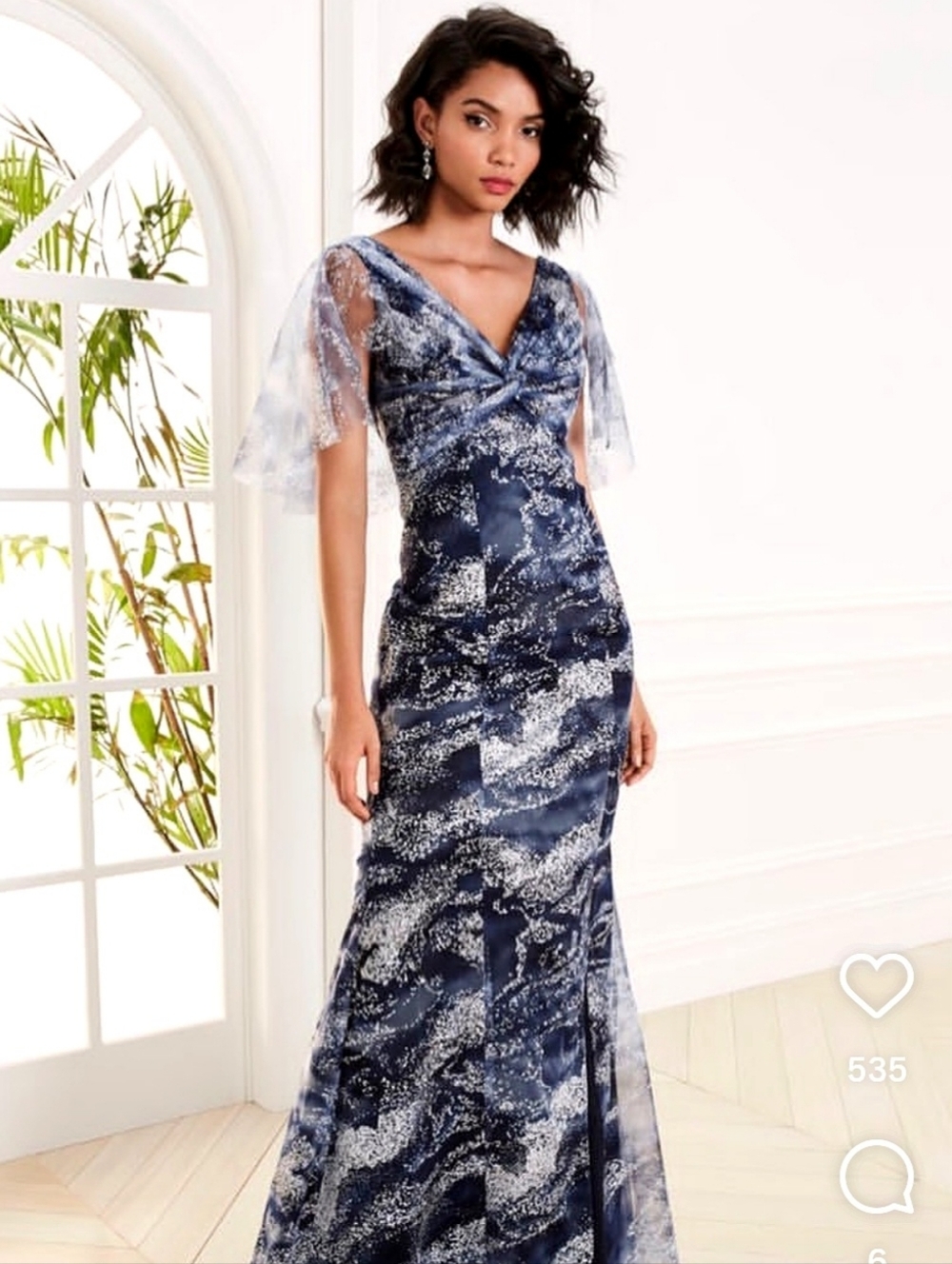 Marchesa Notte Gown Glitter Tulle Cape Sleeve Navy Blue 6 NWT NEW